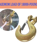 2 Pack Three Eighth Inch Clevis Slip Hooks With Safety Latch G70 Forged Steel showing maximum load 18000 lbs