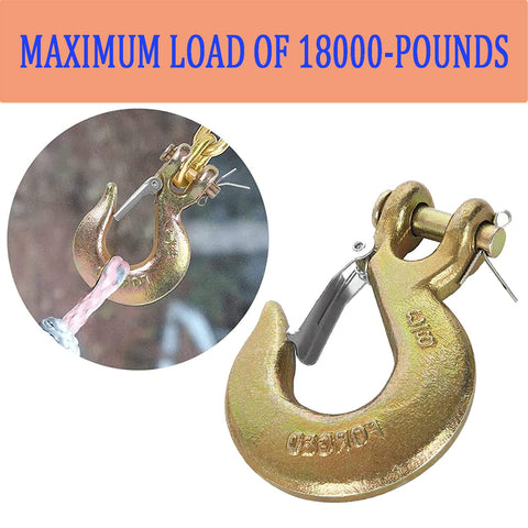 2 Pack Three Eighth Inch Clevis Slip Hooks With Safety Latch G70 Forged Steel showing maximum load 18000 lbs