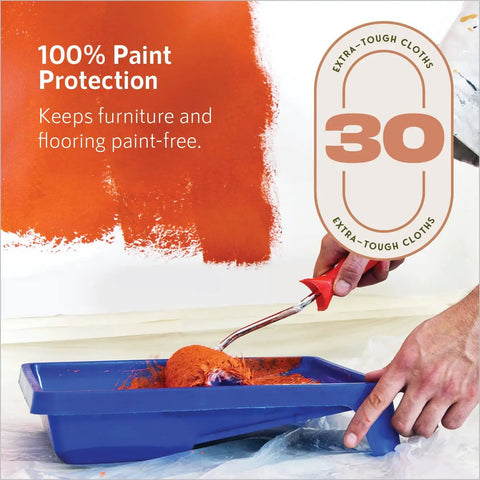 Bulk 30 Pack Painter Plastic Drop Cloths For Painting 9x12 Tarp Plastic Sheeting shown with paint roller.