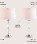 27.5 Inch Clear Crystal Table Lamp Set of 2 for Living Room and Bedroom With Glam Traditional Chrome Nightstand Lamps, White Linen Drum Shades, LED Bulbs Included displayed with labels.