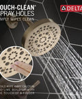 Saylor 14 Series Five Setting Shower Faucet Trim Kit with brushed gold shower head in use, showing water flow and touch-clean feature