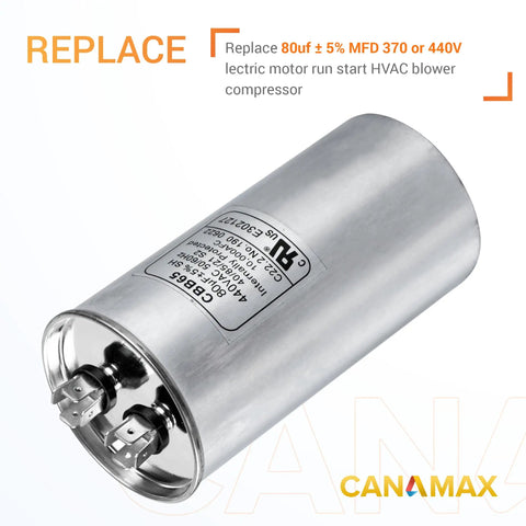 80 Uf Run Start Capacitor 370-440 VAC 50/60 Hz CBB65 visible with terminals and specifications label