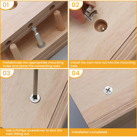 Step-by-step installation of Cam Lock Fasteners Set For Cabinets And Wardrobes, 40 Pcs 15mm By 11mm Zinc Alloy Nickel Plated.