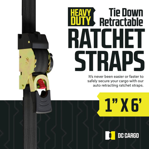 Close-up of Auto Retractable Ratchet Straps 1 Inch By 6 Feet, featuring heavy-duty materials and automatic retraction mechanism.
