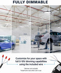 Hella Bright 150W UFO LED High Bay Light 10-Pack in auto workshop setting, 5000K Daylight, IP65 ETL Dimmable 0-10V displayed