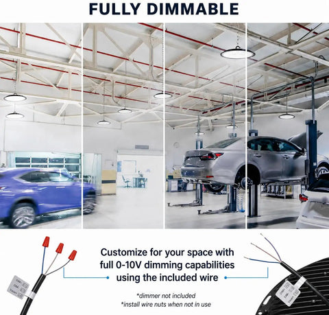 Hella Bright 150W UFO LED High Bay Light 10-Pack in auto workshop setting, 5000K Daylight, IP65 ETL Dimmable 0-10V displayed