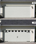 Before and after view of garage with Magnetic Garage Door Decoration Kit With Faux Windows Hinges And Handles Black, Easy Stick-On Upgrade