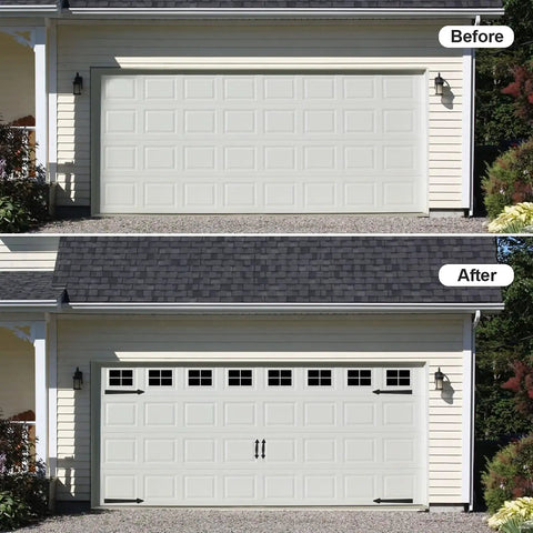 Before and after view of garage with Magnetic Garage Door Decoration Kit With Faux Windows Hinges And Handles Black, Easy Stick-On Upgrade