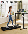 Stunning Sanodesk 79 Inch By 32 Inch Electric Height Adjustable Standing Desk With Spacious Desktop For Dual Monitors And Led Memory Control Panel Ideal For Modern Home Office Setup And Ergonomic Comfort, woman walking on treadmill beside desk.