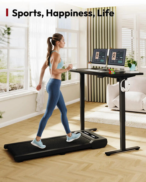 Stunning Sanodesk 79 Inch By 32 Inch Electric Height Adjustable Standing Desk With Spacious Desktop For Dual Monitors And Led Memory Control Panel Ideal For Modern Home Office Setup And Ergonomic Comfort, woman walking on treadmill beside desk.