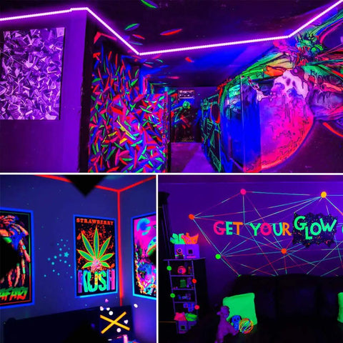 Lit 50 Foot Black Light Strip Kit With 900 LEDs 12V Flexible Lighting for vibrant neon wall art in a dark room