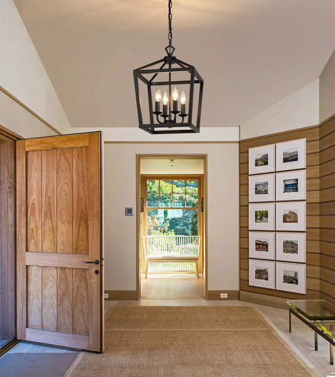 Farmhouse Rustic Black Lantern Chandelier Hanging Light Fixture With Four Lights For Kitchen Island And Dining Room Hallway Entryway Foyer
