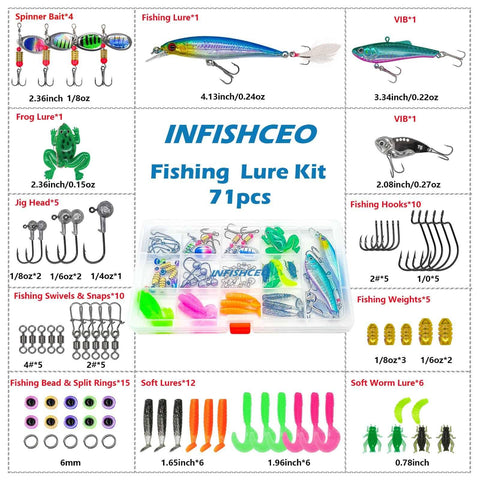 All In One 71 Piece Fishing Lure Kit with crankbaits, spinners, frog lure, soft plastics, jigs, hooks, and weights in box