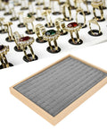Two Piece Stackable Ring Trays Featuring Slick Grey Velvet Liners And Solid Wood Boards Offer One Hundred Perfect Grids to organize rings and accessories.