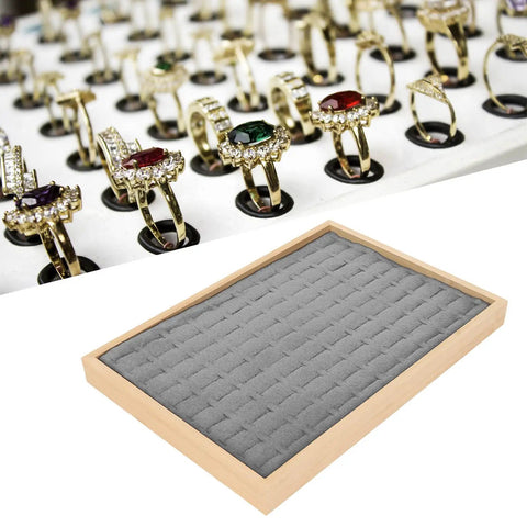 Two Piece Stackable Ring Trays Featuring Slick Grey Velvet Liners And Solid Wood Boards Offer One Hundred Perfect Grids to organize rings and accessories.