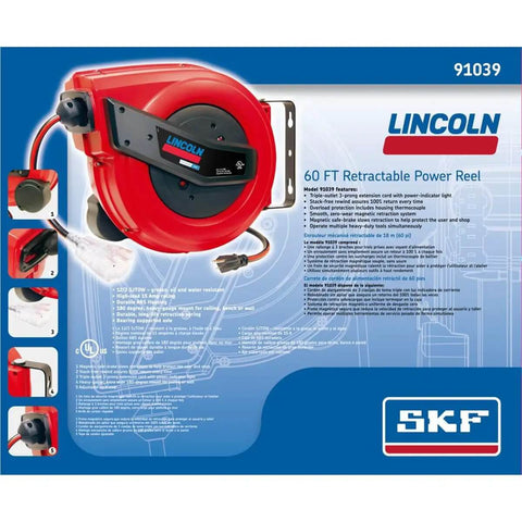 Lincoln Workhorse Heavy Duty 60 Foot Tri Tap Electric Power Cord Reel With 12 3 SJTOW, Grease Oil And Weather Resistant, Magnetic Brake, Auto Guide Rewind, Overload Protection, Power Indicator Lights, Red And Black