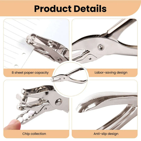 Seventeen Piece One Eighth Inch Circle Hole Punch Set features with anti-slip grip, labor-saving design, and chip collection for crafts.