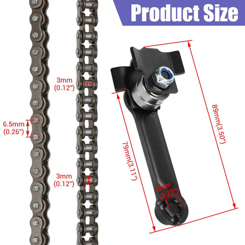 Close-up of 25h Chain Sprocket Kit With 132 Link Chain And 13 Tooth Motor Sprocket And 25h Chain Tensioner for Razor models, showing dimensions.