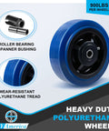 Rock Solid 6 By 2 Inch Polyurethane Caster Wheels Blue Polyolefin Core 900 Lbs Per Wheel with roller bearing bushing.