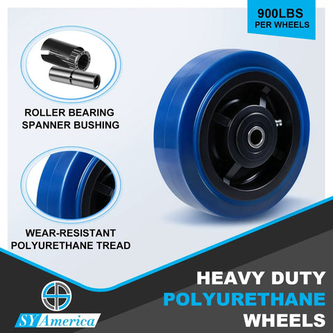 Rock Solid 6 By 2 Inch Polyurethane Caster Wheels Blue Polyolefin Core 900 Lbs Per Wheel with roller bearing bushing.