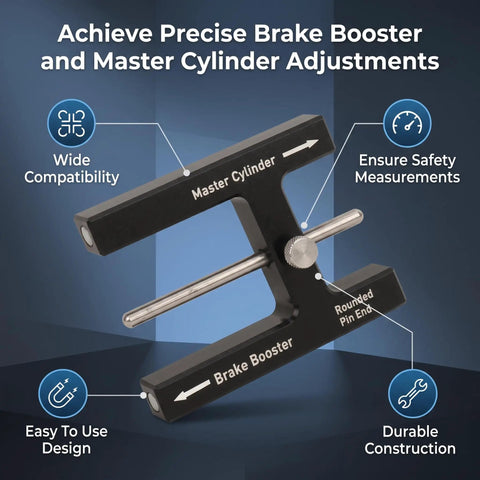 Pro Grade Brake Booster Push Rod Adjustment Tool And Master Cylinder Length Gauge For Adjustable Braking Distance DIY Friendly Versatile Car Tuning Compatible With Most Cars For Tuning And Pedal Feel. Black metal brake booster push rod and master cylinder gauge with adjustable pin.