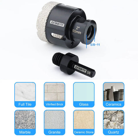 Dry Diamond Core Drill Bit 2 Inch Tile Hole Saw For Porcelain Ceramic Granite Brick Concrete With Vacuum Brazed Edge Five Eighths Inch Eleven Thread To Three Eighths Inch Hex Shank Adapter Beefy Angle Grinder Cutter with illustrations for material use