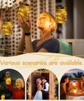 Woman enjoying three pack mason jar solar lights lids with fairy LED lights, scenes showing outdoor yard and party decor.