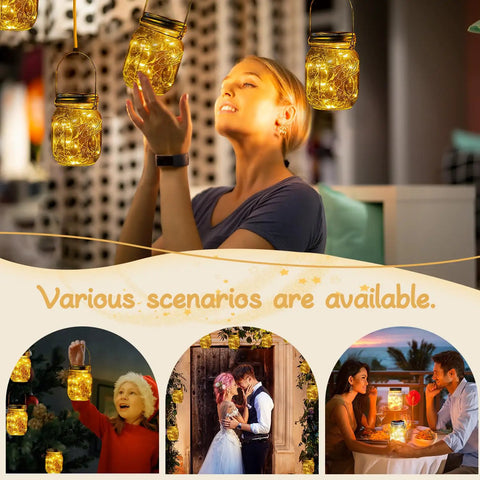 Woman enjoying three pack mason jar solar lights lids with fairy LED lights, scenes showing outdoor yard and party decor.