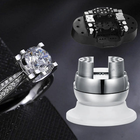 3 Inch Ball Vise Engraving Tool With 360 Degree Rotation Pro Grade Stainless Steel Clamp displayed with jewelry and block