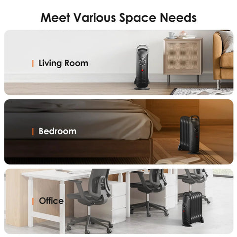 Air Choice 700W black oil-filled radiator heater; portable indoor heater shown in living room, bedroom, and office.
