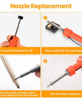 Four steps showing nozzle replacement on Dual Use 30W Electric Desoldering Gun Solder Sucker and Iron with heatproof handle