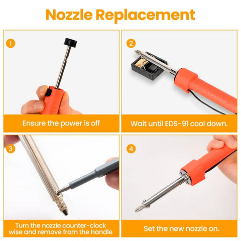 Four steps showing nozzle replacement on Dual Use 30W Electric Desoldering Gun Solder Sucker and Iron with heatproof handle