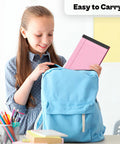 Girl placing a 4 Pack Pink 5x8 Inch Small College Ruled Legal Pad into a blue backpack, ideal for study and office use.