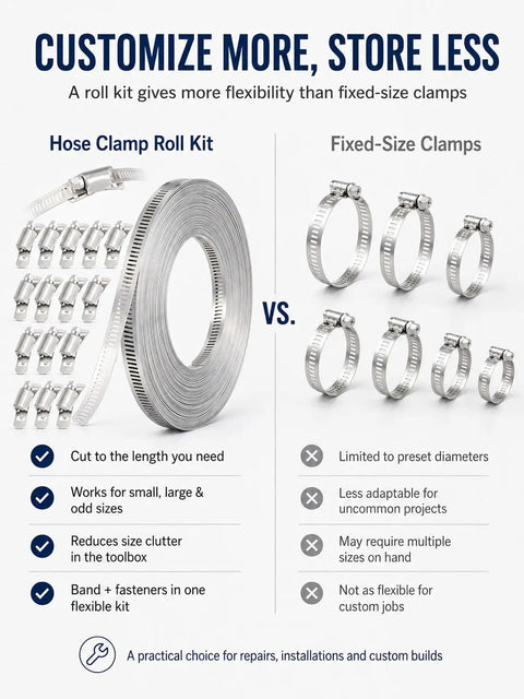 Get That Custom Cut Hose Clamp Kit You Need By The Foot With This Awesome Stainless Steel Worm Gear Roll For All Your Home Repair Projects Made From Tough 304 Metal To Fit Any Pipe Size hose clamp roll kit vs fixed-size clamps