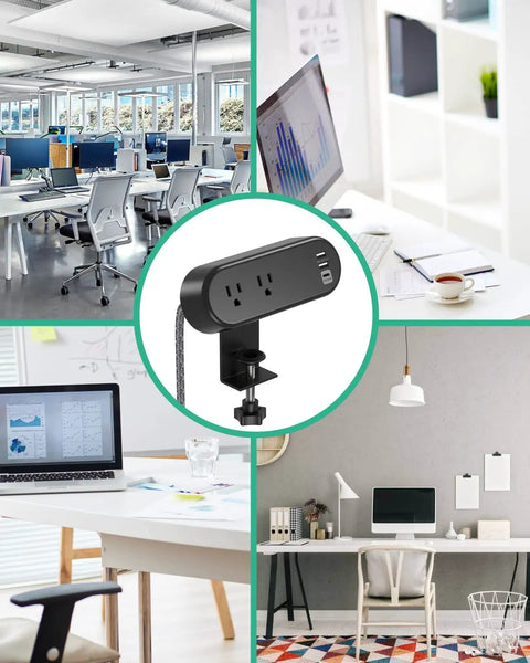 Collage showing Power Strip Desk Clamp With USB C PD 18W and USB A Ports on office desks in bright workspaces.