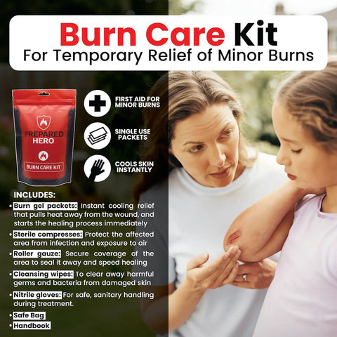 On Deck Burn Relief Kit With Cooling Gel Packets Sterile Gauze Rolls Cleansing Wipes Nitrile Gloves Durable Case showing burn care essentials.
