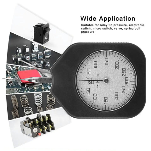300-1 Dial Tension Gauge With Transparent Cover, Single Pointer Gram Force Meter, 300g Pocket Tensiometer For Relay Switches And Valve Springs, Handy Pro Grade Tool For Real-Deal Pull Pressure Testing And Precise Readout; dial face and use images
