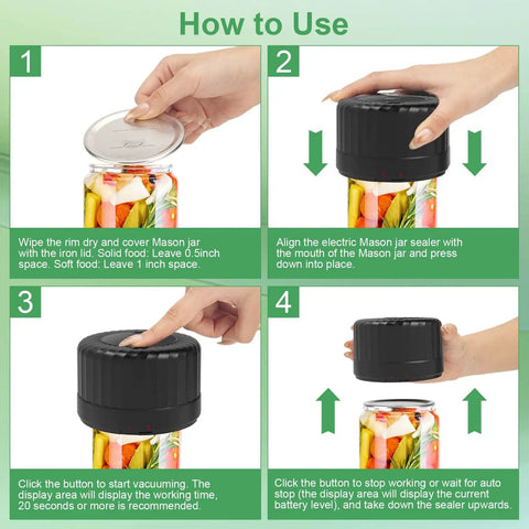 Step-by-step guide for using Electric Vacuum Sealer For Mason Jars VP06 Plus No Fuss One Button Jar Sealing System