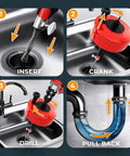 Self Feeding Drill Ready Drain Snake For Kitchen And Bath Clogs Five Zero Foot Heavy Duty Plumbing Auger With No Hand Cranking in 4-step usage guide.