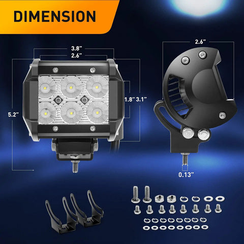 12 Inch 72W LED Light Bar Kit With 2 Pack 4 Inch 18W LED Pods Off Road Wiring Harness 16AWG 3 Leads For Truck SUV ATV UTV Golf Cart Boat With 2 Years Warranty, 4-inch pod dimensions shown