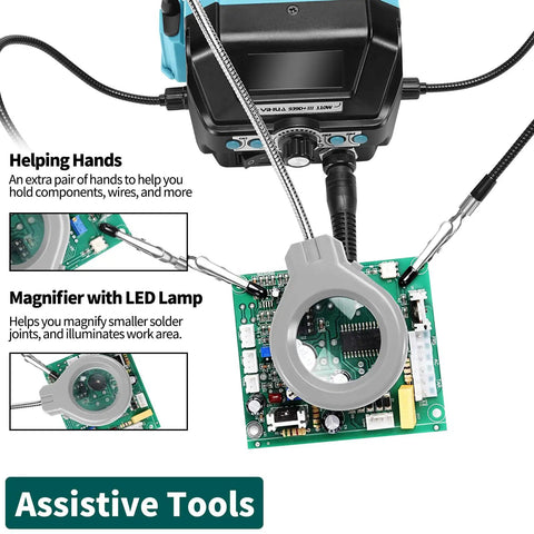 Pro Grade 110W Digital Soldering Station Kit With LCD Display And Sleep Mode, Four Memory Channels, Digital Calibration, Helping Hands, Magnifier, Solder Wire, And Three Replacement Tips