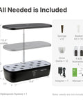 Indoor Hydroponic Garden System Kit With 12 Pods And 20W LED Grow Light showing components and dimensions.