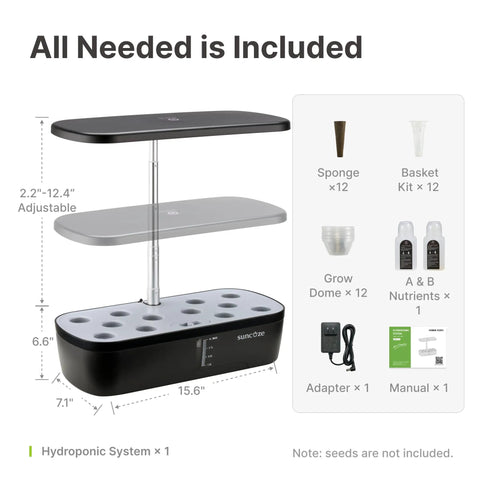 Indoor Hydroponic Garden System Kit With 12 Pods And 20W LED Grow Light showing components and dimensions.