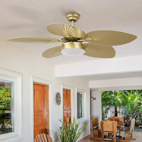 Tropical Ceiling Fan With Light And Remote 52 Inch Palm Leaf Blades Indoor Outdoor Gold Finish on patio