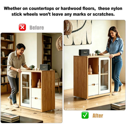 No Sweat Setup Slick Design 0.6 Inch White Low Profile Swivel Caster Wheels Set Of 4 shown on furniture with smooth glide motion.