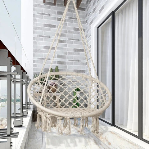 LED Macrame Hammock Chair For Indoor And Outdoor Use, Handmade cotton rope swing, installed on a patio, large 55x75 cm seat.