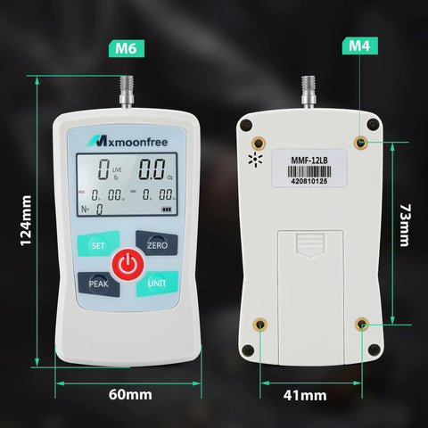 Digital Trigger Pull Gauge 110 Lb Capacity, Pro Grade Force Meter With Switchable Units Lb, Oz, N, Kg, 500N And 50Kg Max, 0.01 Kg Resolution, 1 Oz And 0.1 N Readouts, Accurate Measurement, Includes Trigger Hook, Battery Powered. Front and back view with 60mm x 124mm dimensions.