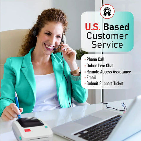 Customer service representative assisting clients about Solid 4x6 Direct Thermal Shipping Label Printer Plug And Play for various platforms.