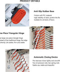 Product details of Rock Solid Carbon Steel Attic Ladder, highlighting anti-slip rubber base, triangular hinge, and automatic closing device.