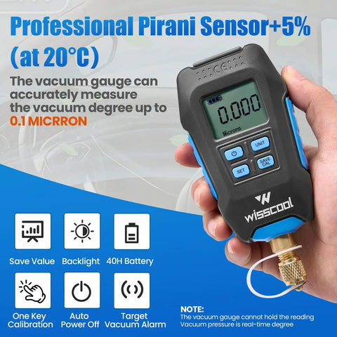 Digital Micron Vacuum Gauge For HVAC Systems, Precision Micron Readings, Digital Pressure Tester Meter For Accurate Evacuation, blue handheld gauge with display